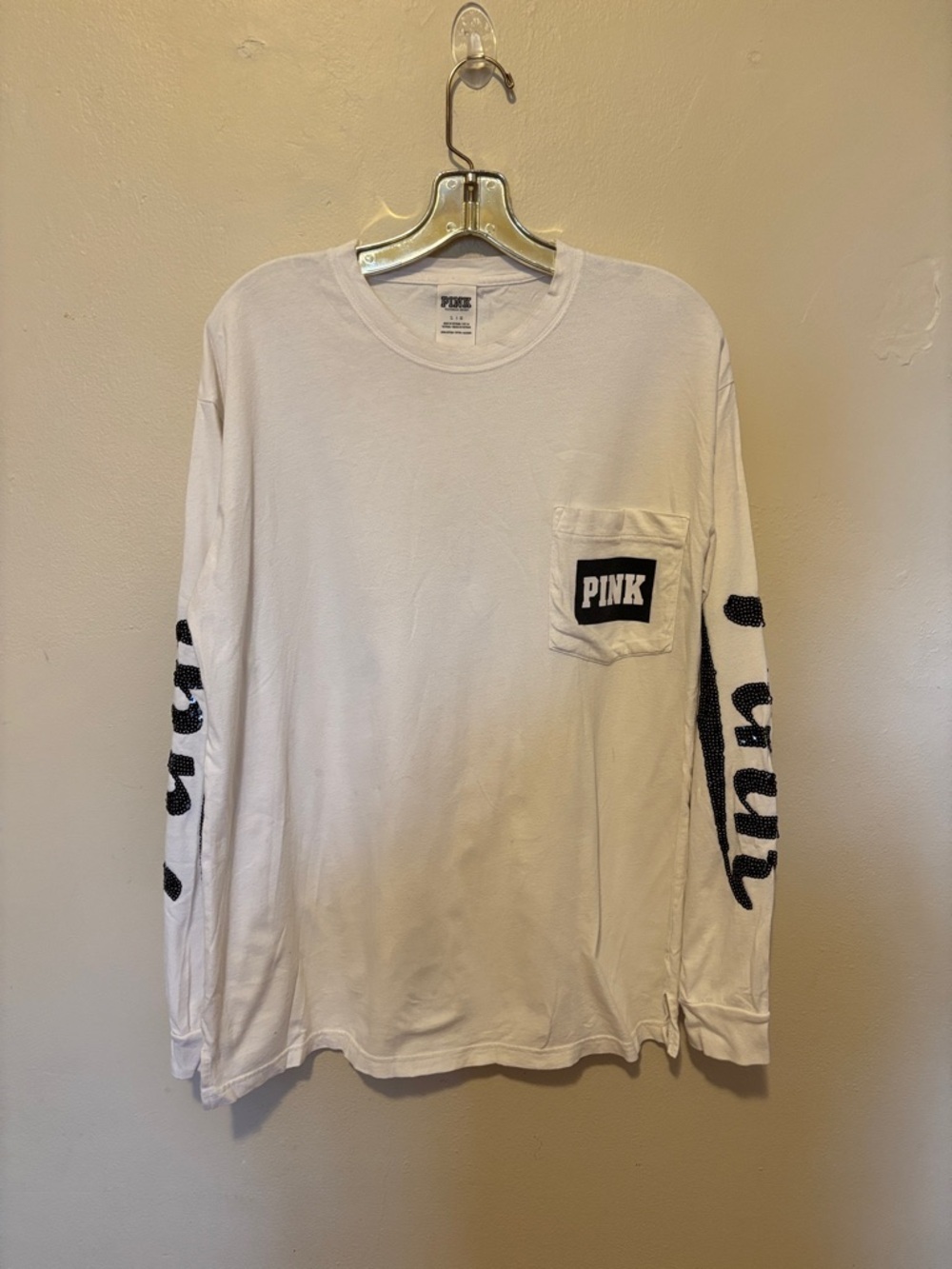 PINK Victoria's Secret White Long-Sleeve Pocket Tee with Black Logo Sleeves